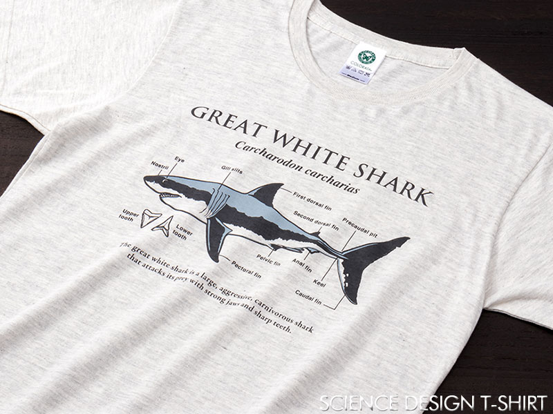 サイエンスデザイン Tシャツ ホホジロザメ ライトグレー M／Lサイズ