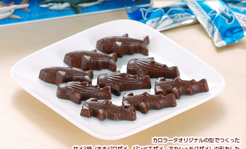 カロラータオリジナルの型でつくったサメ3種(ホホジロザメ、ジンベエザメ、アカシュモクザメ)の形をしたパフ入りチョコレート シャークス チョコレート