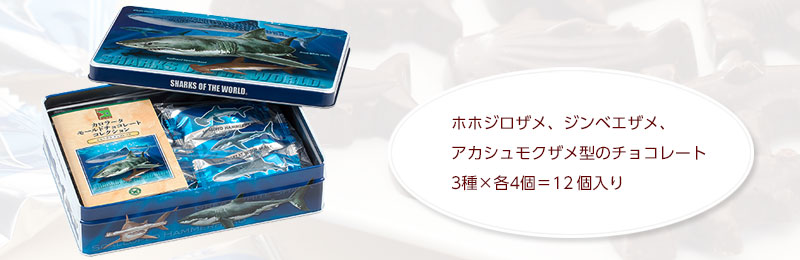 ホホジロザメ、ジンベエザメ、アカシュモクザメのチョコレート3種×各4個=12個入り 商品内容