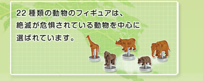 22種類の動物のフィギュアは、絶滅が危惧されている動物を中心に選ばれています 絶滅が危惧されている動物を中心に選ばれた22種類の動物のフィギュ